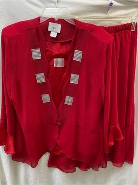 3 K fashion Red three-Piece Jacket, vest & Skirt Set Rhinestone Accents